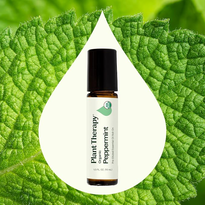 Plant Therapy Organic Peppermint Essential Oil 10 mL (1/3 oz),100% Pure, Pre-Diluted Roll-On, USDA Certified Organic Aromatherapy, for Neck Tension and Muscle Discomfort