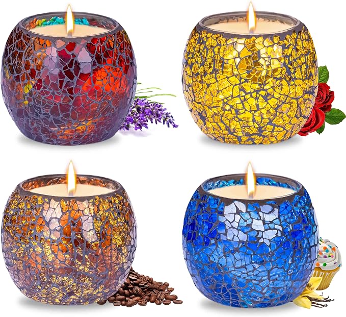 Mosaic Glass Scented Candles, Stress Relief Aromatherapy Candle for Home Scented, Vanilla Lavender Rose Coffee Soy Candles Gift Set for Women Birthday Friendship Relaxing Massage Yoga Bath SPA, 4 Pack