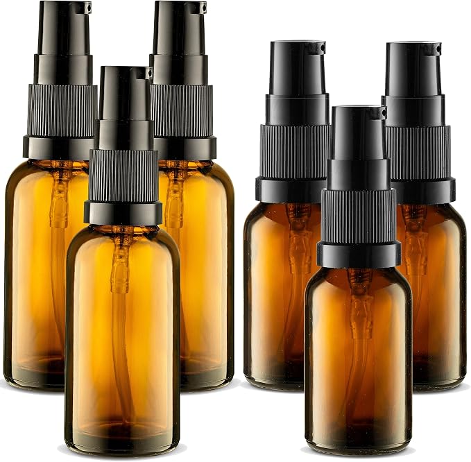 VitalUp 6 Pack, 3 30ml (1oz) & 3 15ml (0.5oz) Empty Refillable Glass Amber Pump Bottle Ideal for Lotion Cream Essential Oil Travel Small Container, Convenience Pack