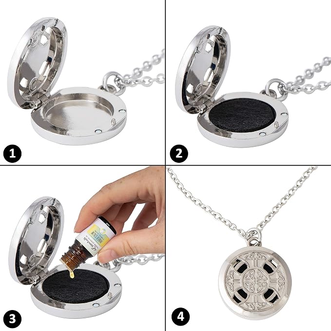 Wild Essentials Celtic Cross Essential Oil Diffuser Nickel Free Alloy Locket Pendant with 24 inch Chain, 6 Refill Pads, Customizable Color Changing Perfume Jewelry for Aromatherapy
