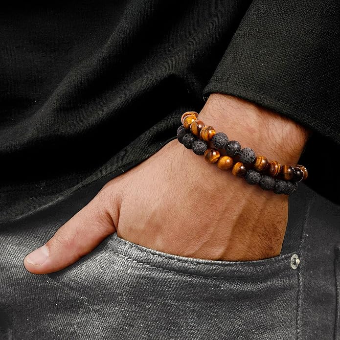 M MOOHAM Mens Bracelet - Beaded Natural Stone 8mm Tiger Eye Matte Agate Lava Rock Bracelets for Men Teen Boys Grandpa Dad Birthday Gifts Jewelry