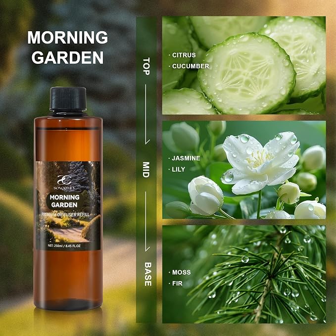 Diffuser Oil Refill, 250ml / 8.45 fl oz, Morning Garden - Reed Diffuser Oil Refill for Home Fragrance, Scented Oil for Reed Diffuser Bottles, Citrus, Jasmine & Fir Notes