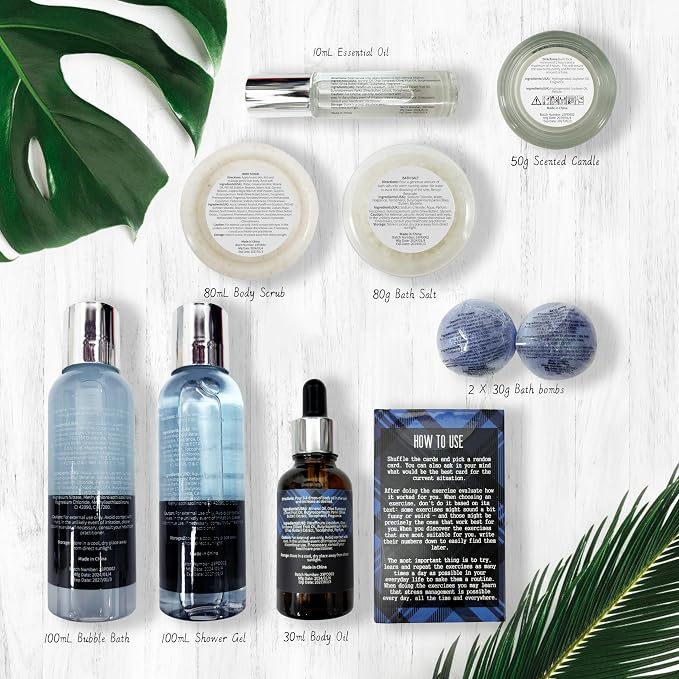 PEARLWORLD Bath Set with Ocean Scented Spa Gifts for Men, Christmas Birthday Self Skin Care Set for Men, Spa Gift Baskets for Him, 12Pcs Men's Spa Kit Gifts for Bath Spa