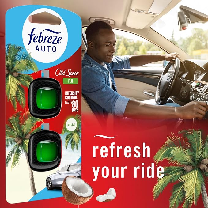 Febreze Odour-Fighting Auto Air Freshener, Car Vent Clip, Old Spice Fiji, 4ct