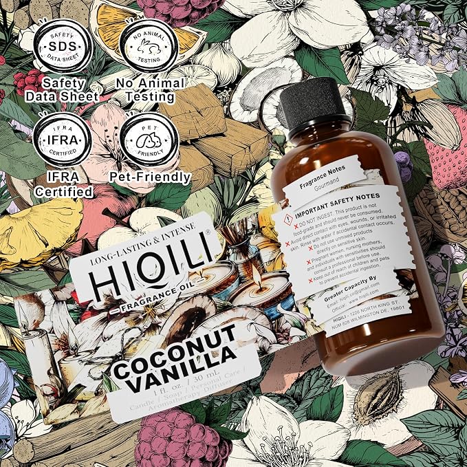 HIQILI Coconut Vanilla Fragrance Oil for Candle Making, Soap Making Supplies, Essential Oils for Diffuser for Home and Car - 1 Fl Oz