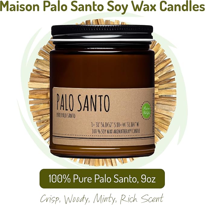 Raw Genuine Palo Santo Essential Oil from Ecuador Aromatherapy Candle 9oz Handcrafted in USA with Natural Soy Wax for Purification & Cleansing Free Palo Santo Stick Included