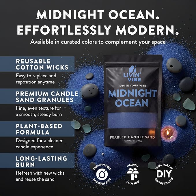Pearled Candle Sand 10.5 oz (300g) – Midnight Ocean Scented Candle, Dark Blue Color, Relaxing Aromatherapy, Home Decor, Stress Relief, Long-Lasting Burn
