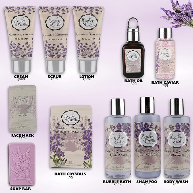 Valentines Gift Baskets for Women Spa Day! Natural Lavender Chamomile Spa Bath Sets for Women Gift Infused with Essential Oils. Sulfate Free Lavender Bath Set Spa Gift Set