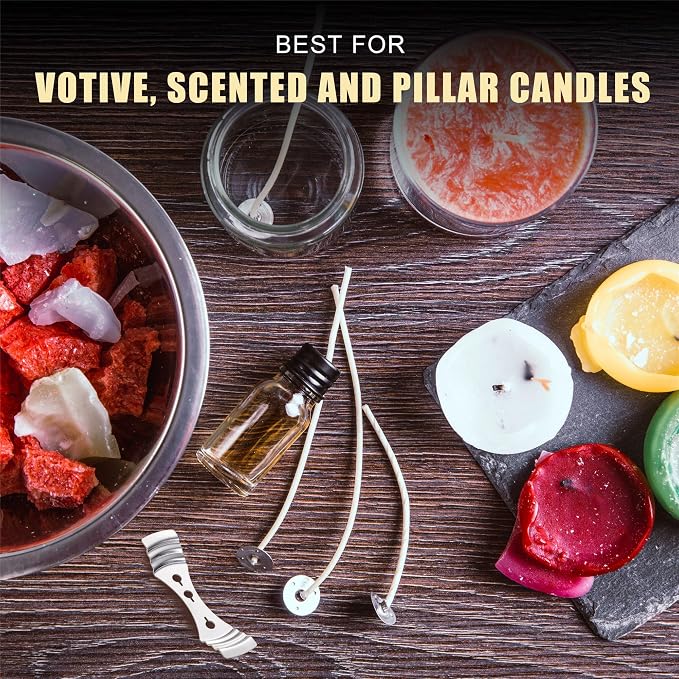 Candle Wicks 90 Pcs (4 inch, 6 inch, 8 inch) with 2 Candle Wick Holders & 90 Wick Tab Stickers, Long Lasting Pre-Waxed & Tabbed Cotton Threads with No Black Smoke for DIY Crafts