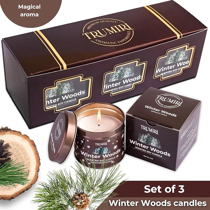 Winter Woods - Soy Candles for Home Scented - for Fall Christmas Holidays - Pack of 3 x 5oz Natural Clean Non Toxic - Long Lasting Highly Scented Pet Safe - Velas Aromáticas para el Hogar Pine Candel