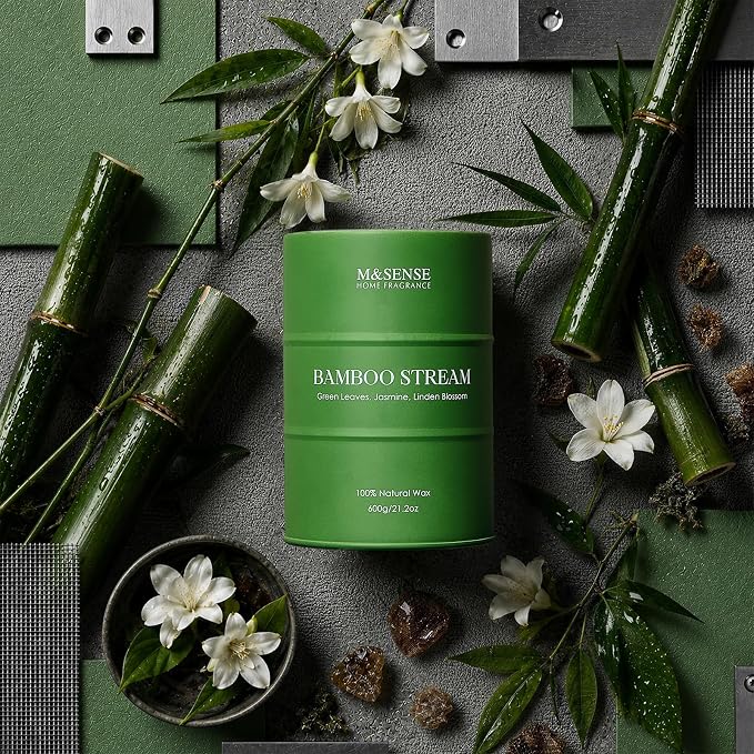 M&SENSE Bamboo Scented Candles Natural Non Toxic, Large Aromatherapy Candle for Stress Relief Meditation Relaxing, Housewarming Gifts for Women Men, 21.2oz 120 Hour Long Burning