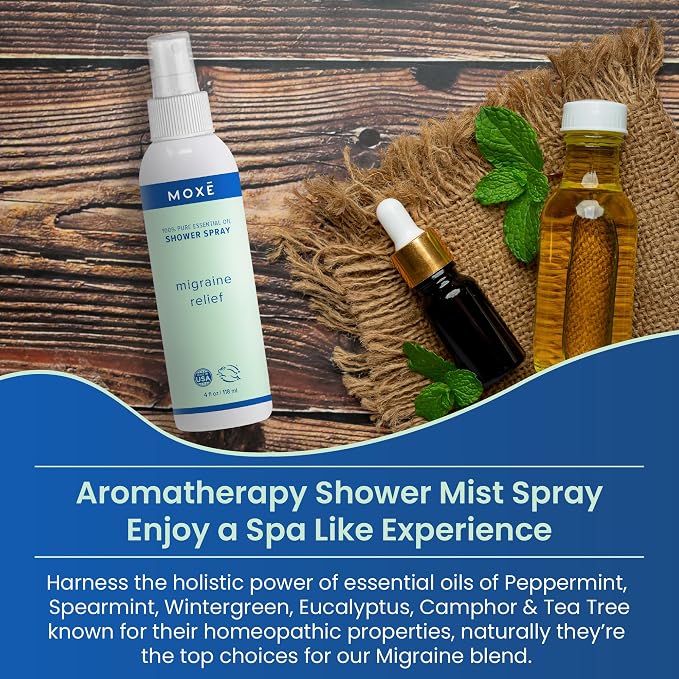 MOXE Migraine Relief Aromatherapy Shower Spray, Essential Oils for Headaches & Tension Relief, Natural 100% Essential Oils, Pure & Undiluted, Peppermint, Spearmint, Eucalyptus, Tea Tree, Made in USA