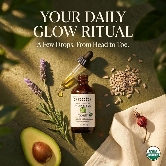 PURA D'OR 4 Oz Organic Vitamin E Oil 70,000 IU, USDA Certified Ayurvedic Skin Care, Face, Body w/Argan, Jojoba, Rosehip, Apricot, Almond & Avocado, Lightweight Moisturizer for Soft, Smooth Skin