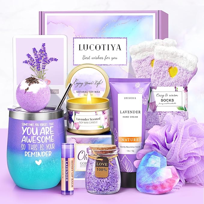 LUCOTIYA Gifts for Women, Mothers Day Gift Basket for Woman Birthday Wine Tumbler Self Care Package for Mom, Bestie, Her, Sister, Wife, Auntie Thank You Gift for Women Teacher Appreciation