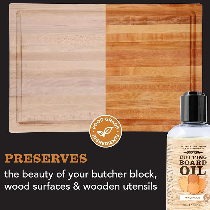 CLARK'S Mineral Oil - 8 oz Food Grade Conditioner for Wood Cutting Board, Cutting Board Oil for Butcher Block, Marble & Soapstone, Lubricant for Knife, Meat Grinder - Made in USA