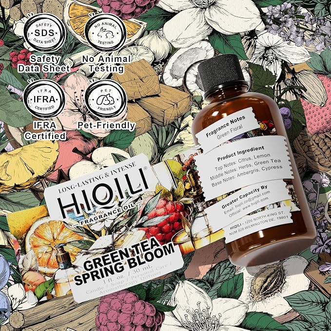 HIQILI Green Tea Spring Bloom Fragrance Oil for Diffuser, Inspired by Eliz.Ar-den Grn Tea, DIY Perfume, Candle, Soap Making, Long Lasting Uplifting & Crisp Scents - 1 Fl Oz