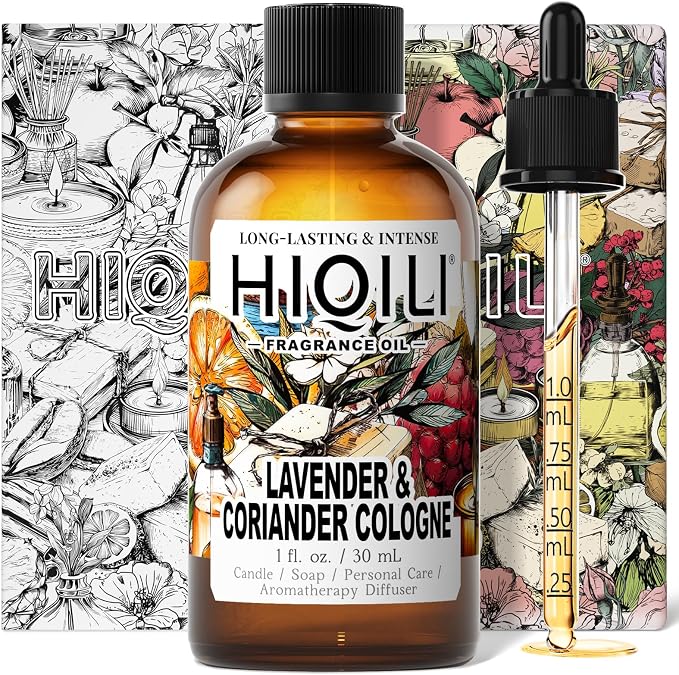 HIQILI Lavender & Coriander Cologne Fragrance Oil for Diffuser, Candle & Soap & Perfume Making, for Hotel and Home, Essential Oil, Long-Lasting Aroma - 1fl oz