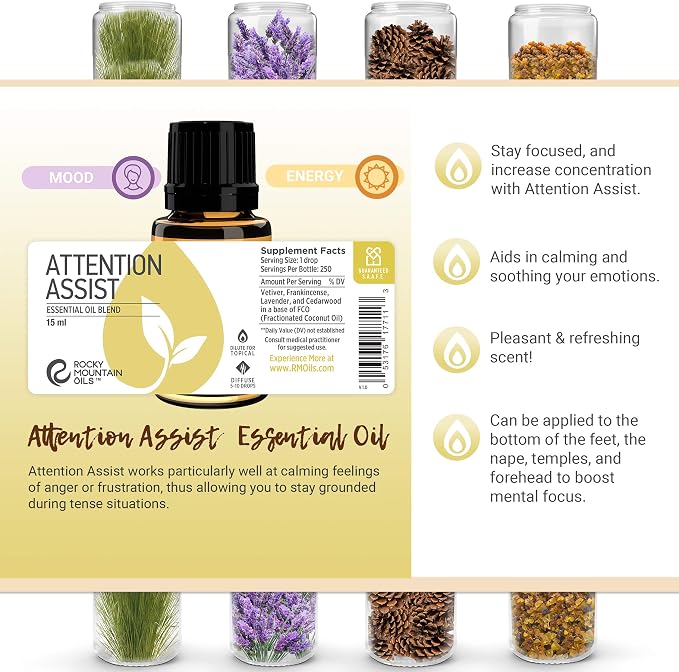 Rocky Mountain Oils Attention Assist Essential Oil Blend with Essential Oils - Energizing Essential Oil for Focus - 15ml, Best for Essential Oil Diffuser