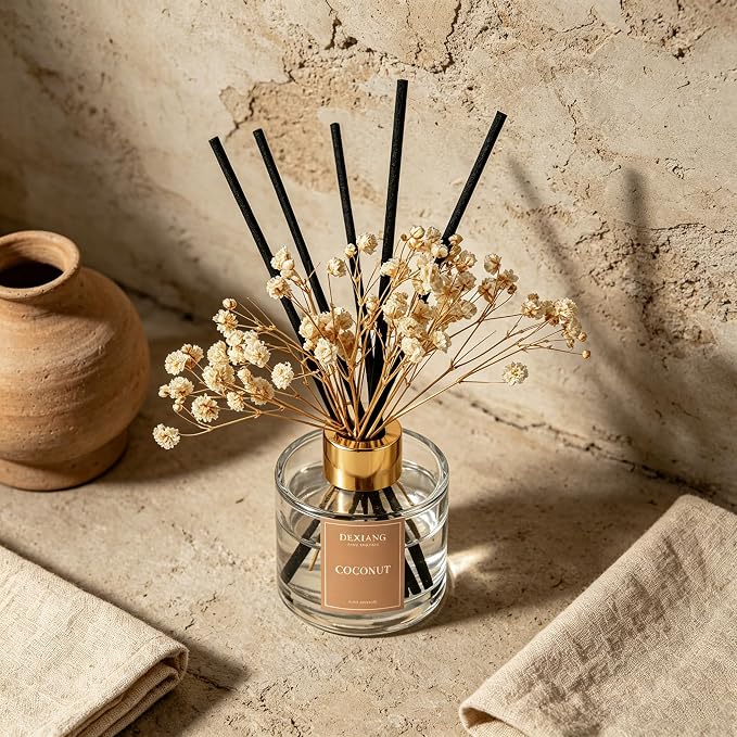 Reed Diffuser Set, 3.38 fl oz (100ml) Coconut Scent Oil Diffuser with 6 Reed Sticks, Natural Home Fragrance Reed Diffuser for Bathroom, Bedroom, Living Room Shelf Decor