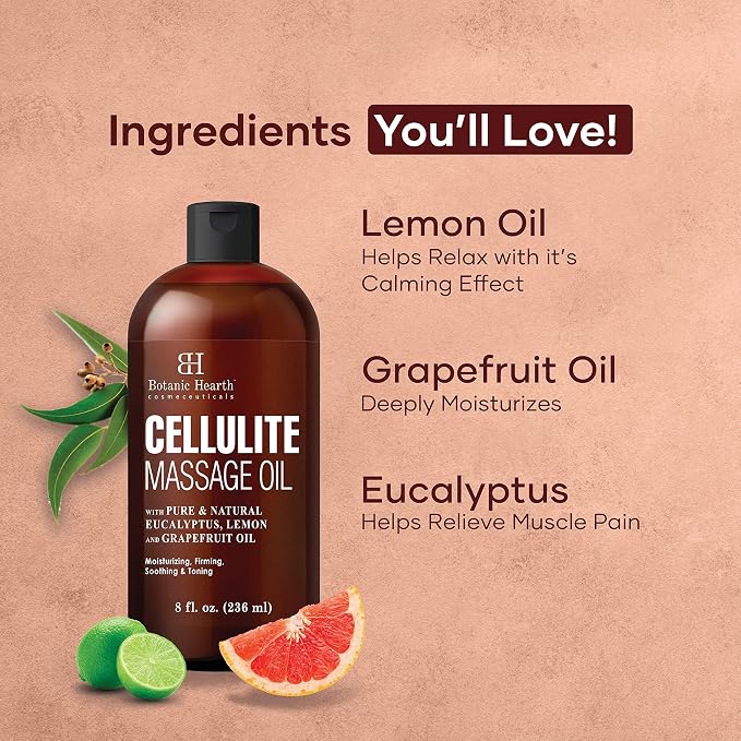 Botanic Hearth Cellulite Massage Oil 8 Fl Oz| Refreshing, Relaxing Massage Oils for Muscle Relaxing & Joint Comfort | Made with Natural Oils | for All Skin Types, for Men & Women