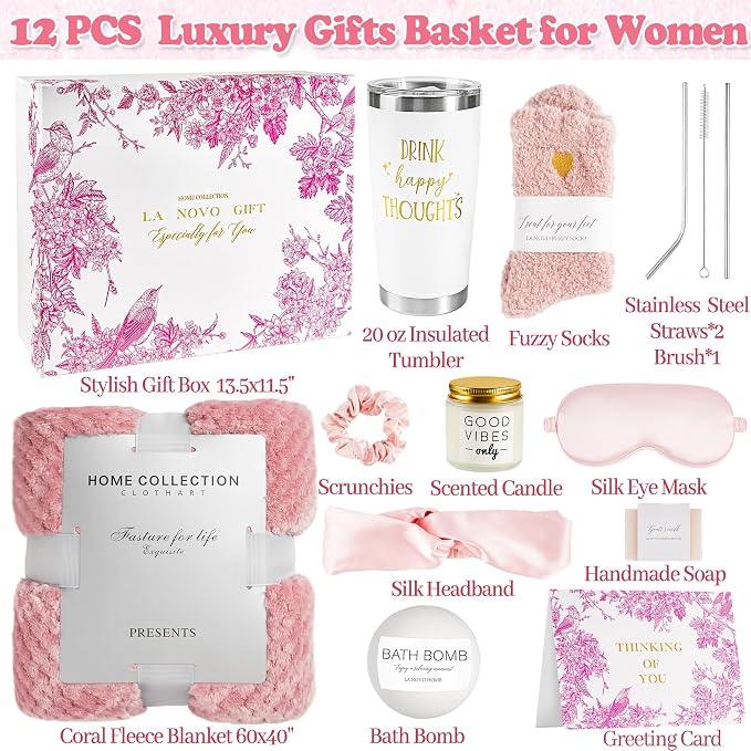 Birthday Gift Basket for Women, With Blanket | Pink Floral Themed, Get Well Soon Gifts, Thinking of You, Relaxing Spa Self Care Package