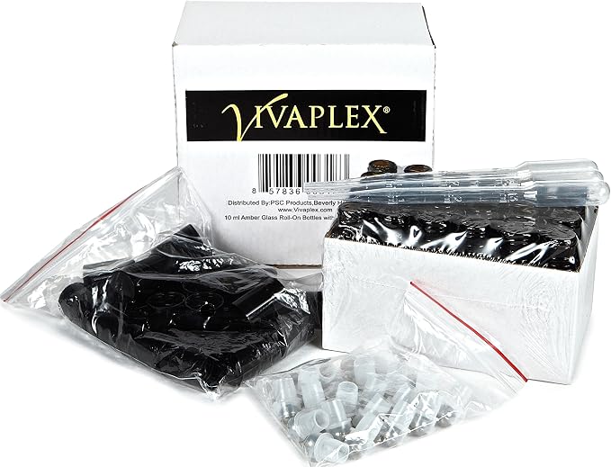 Vivaplex Amber 10ml Glass Bottles with Stainless Steel Roller Balls - 24 pk | 3 Droppers Included