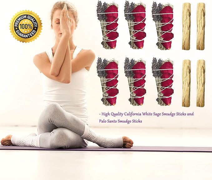 White Sage Smudge Kit - 6 White Sage with Rose and Lavender & 4 Palo Santo! Healing, Purifying, Meditating, Incense & Cleansing