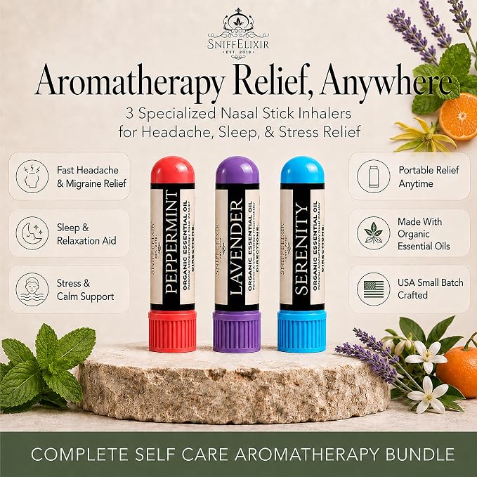Stress Relief, Migraine & Sleep Aid Essential Oil Aromatherapy Nasal Stick Inhaler - Self Care Gifts 3-Pack, Peppermint Lavender Citrus, Made with Organic Essential Oils
