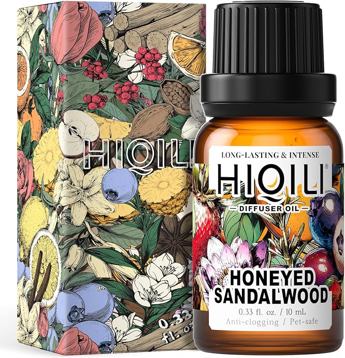 HIQILI Honeyed Sandalwood Diffuser Oil for Car Air fresheners, Ultrasonic or Reed Diffuser, Relaxing & Cozy, Hotel Scent - 0.34 Fl Oz