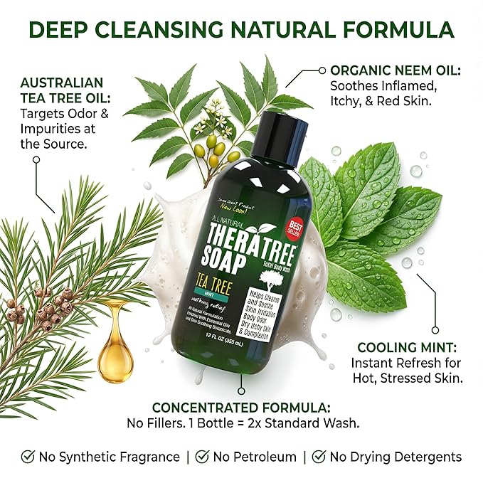 TheraTree Tea Tree Oil Body Wash & Foot Wash - Mint - Natural Cleansing Shower Gel for Daily Skin & Body Care - Soothing & Refreshing Formula for Men & Women, 12 Fl Oz