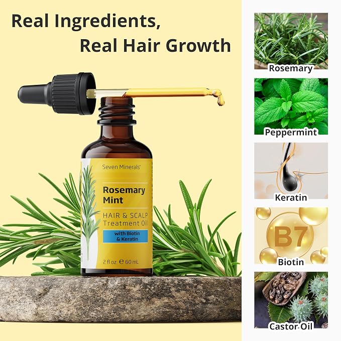 Seven Minerals Rosemary Oil for Hair Growth, Infused with Biotin, Keratin, Mint, and Natural Strengthening Oils for Men & Women, 2 fl oz