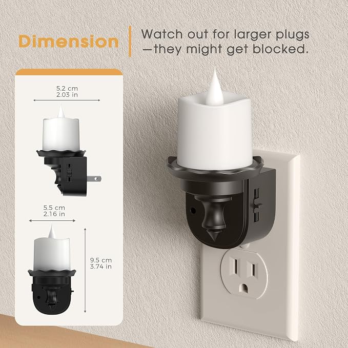 Briignite Candle Night Light, Amber Night Lights Plug into Wall 2 Pack, LED Flicker Candle Night Light with Light Sensor, 0-100LM Dimmable Nightlight for Kids Hallway Bathroom