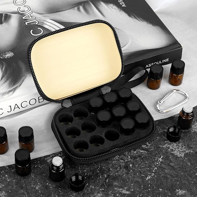 2Pcs Mini Essential Oil Bottle Case with 30 Empty 2ml Vials, Travel Storage Organizer Box for Essential Oils, Compact Aromatherapy Holder for Home, Travel & Outdoor Use (15 Slots) (Black)