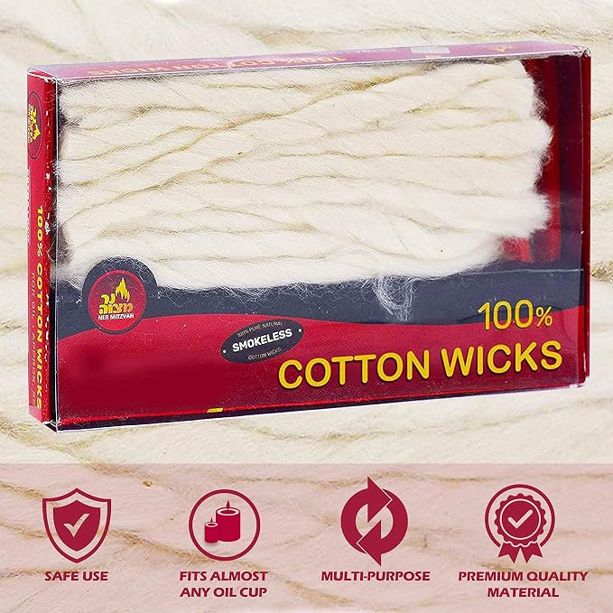 Ner Mitzvah Smokeless Cotton Wicks - 50 Pack (Approx.) - 100% Natural, for Oil Cup Candle Lighting, Multipurpose Use