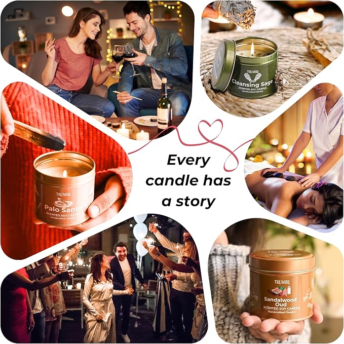 Cleansing Sage, Palo Santo, Sandalwood Oud - Soy Candles Non Toxic - Highly Scented Long Lasting with Essential Oils - Variety Pack of 3 x 5oz - for Home Aromatherapy Meditation Gift Travel