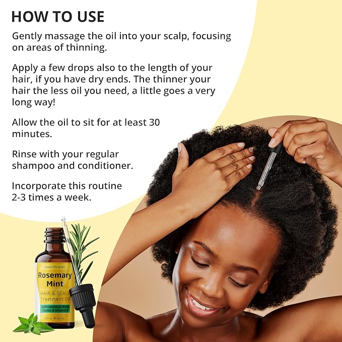 Seven Minerals, NEW Rosemary Oil for Hair Growth, Infused with Jamaican Black Castor Oil, Vitamin E, Mint & Natural Hair Strengthening Oils, Thicker, Longer, Softer Hair for Men & Women (2 fl oz)