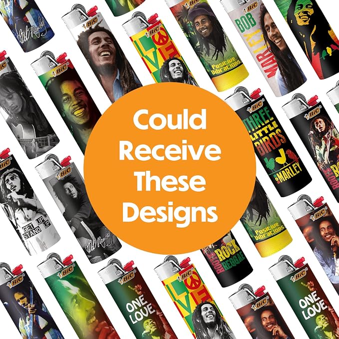 BIC Maxi Pocket Lighter, Special Edition Bob Marley Collection, Assorted Unique Lighter Designs, 8 Count Pack of Lighters