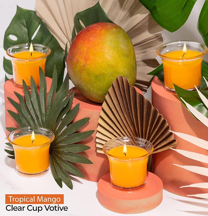 Hyoola Clear Cup Scented Votive Candles - Tropical Mango - 12 Hour Burn Time - 4 Pack - European Made