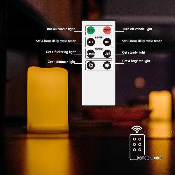 Outdoor Waterproof Flameless LED Pillar Candle with Remote Timer Battery Operated Plastic Flickering Decorative Fake Candle Light for Festival Celebration Wedding Party Decoration Gift Choice 3”x 6”
