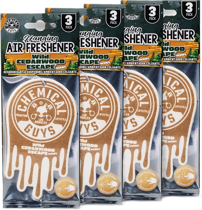 Chemical Guys Hanging Car Air Freshener 12-Pack, Wild Cedarwood Escape Warm, Woody & Earthy Cedarwood Fragrance, Rearview Mirror Paper Fresheners for Cars, Trucks, SUVs & Boats
