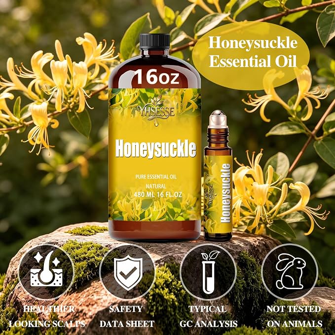 Honeysuckle Essential Oil, Honeysuckle Oil 16 Fl Oz 480ml for Diffuser Yoga Soap & Candle Making – with 0.33 Oz Roller Ball & Funnel YHSESSE Essential Oils