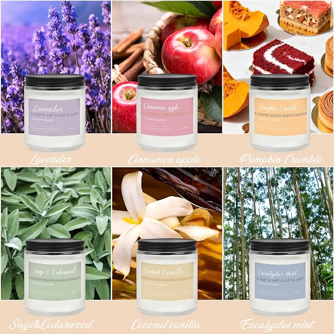 Scented Candles Gift Set,6 Pack Fall Scented Candles for Women Gifts Autumn Home Decor, Natural Non Toxic Soy Candle Set Pumpkin/Cinnamon Apple/Vanilla/Lavender/Sage/Eucalyptus