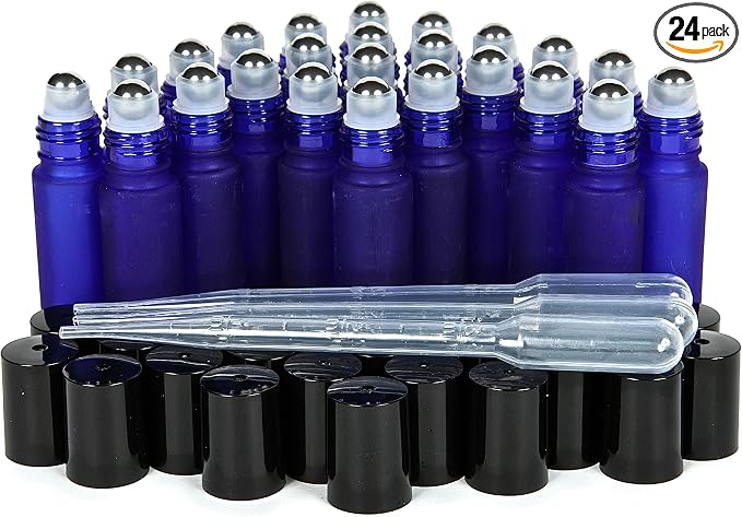 Vivaplex, 24, Frosted, Cobalt Blue, 10 ml Glass Roll-on Bottles with Stainless Steel Roller Balls. 3-3 ml Droppers included