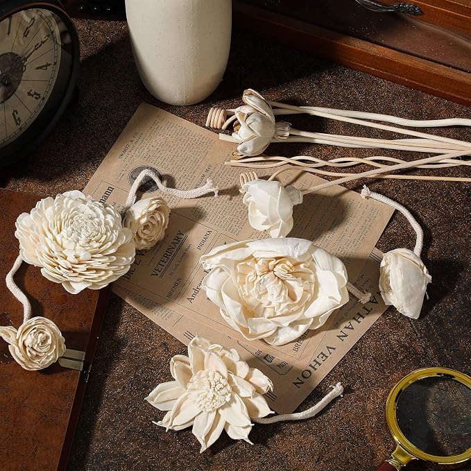 Waydress 15 Pcs Mixed Reed Diffuser Sticks Flowers, Wood Flower Diffuser Reeds Refill with Rope, Sola Reed Diffusers Set for Bathroom, Bedroom, Home Decor(1.57-3.15 Inches,Classis)