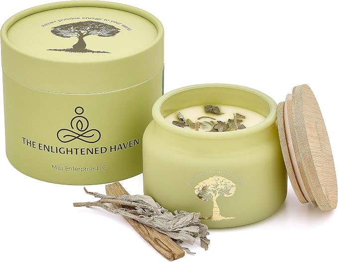 Palo Santo and White Sage Meditation and Yoga Candle for Cleansing and Protection - 50 Hour Clean Burning Soy Wax - 2-Wick Spiritual Aromatherapy Smudge Candle with Guided Materials -9.5oz