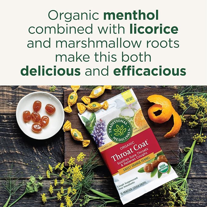 Traditional Medicinals Organic, Throat Coat Lozenges, Sweet Orange Fennel with Menthol - Herbal Cough Drops, Helps Soothe Sore Throat & Relieve Cough - Non-GMO, Stimulant-Free - 16 Count