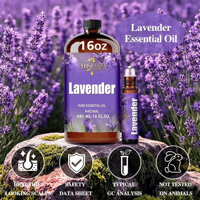 Lavender Essential Oil, Lavender Oil 16 Fl Oz 480ml for Diffuser Yoga Soap & Candle Making – with 0.33 Oz Roller Ball & Funnel YHSESSE Essential Oils