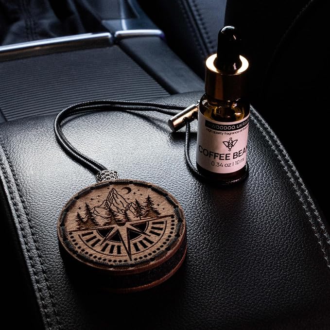 Wood Car Air Freshener — Handmade Car Air Freshener — Compass Mountains Designed Fragrance Oil Diffuser in Wooden Gift Box — Aromatherapy Set with Ocean Breeze Fragrance Oil - 10 ml