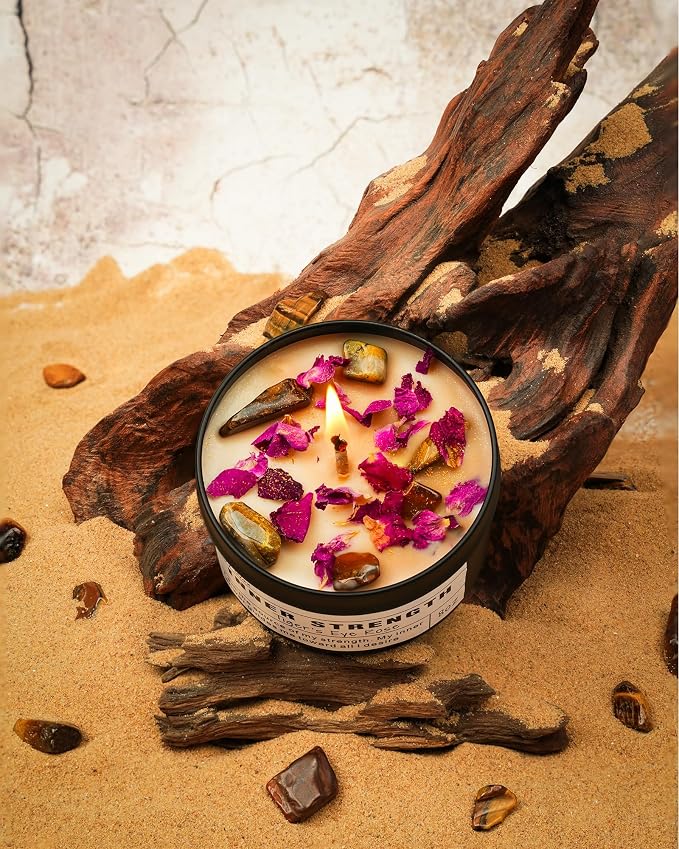 Inner Strength Soy Candle, Vegan Confidence, Focus Crystal, Empowerment Intention Gift, Grounding Meditation Candle. (8oz)