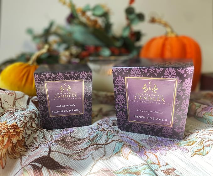 Lotion Candle - French Fig & Amber Scented Massage Candles for Self Care, 10 Oz. Soy Wax Candle with Essential Oil Blends, Coconut Oil, and Vitamin E, 55 Hour Burn Time